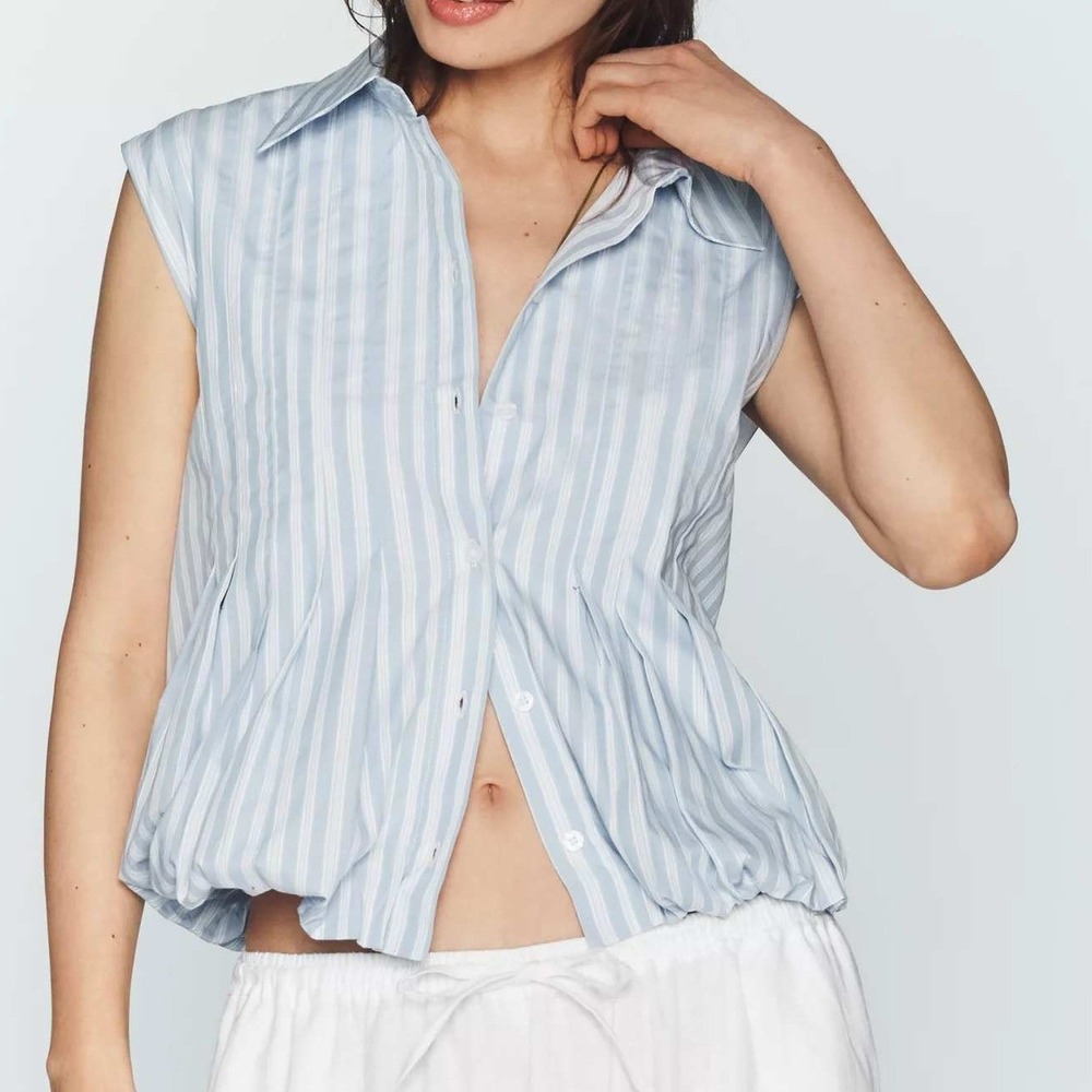 Maeve Sleeveless Pleated Bubble-Hem Buttondown Top Blue White Striped Small